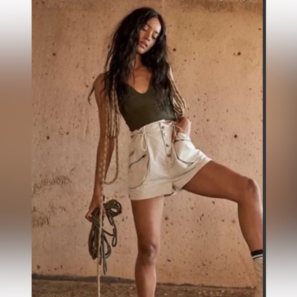 Free People Cream High-Waist Button Front Athletic Shorts